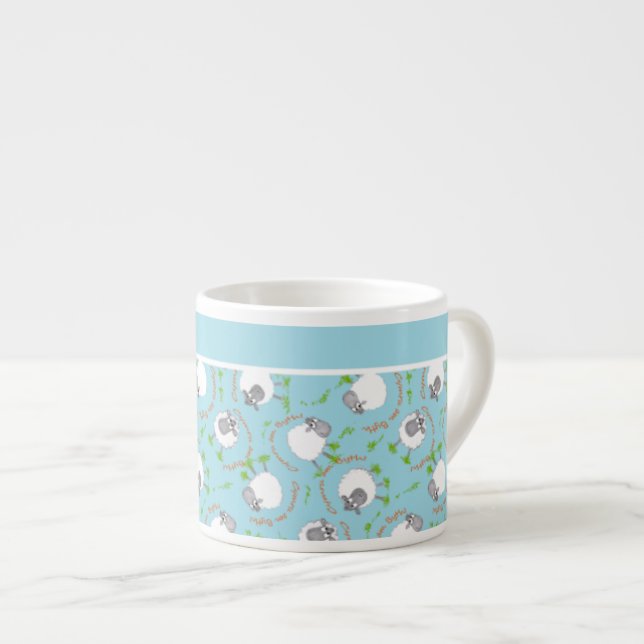 Chic Espresso Coffee Mug: Blue, Fun Sheep Patterns Cup (Front Right)