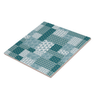 Chic Ethnic Faux Patchwork Pattern, Teal and White Ceramic Tile