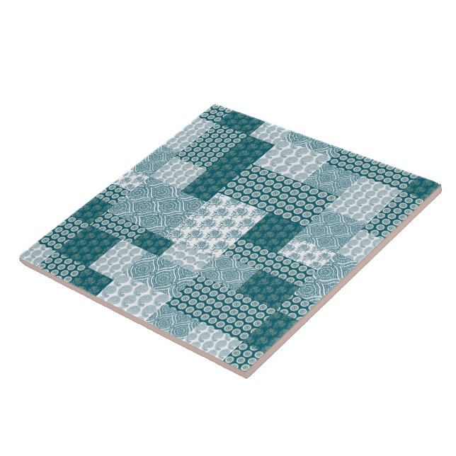 Chic Ethnic Faux Patchwork Pattern, Teal and White Ceramic Tile (Side)
