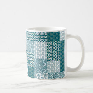 Chic Ethnic Faux Patchwork Pattern, Teal and White Coffee Mug