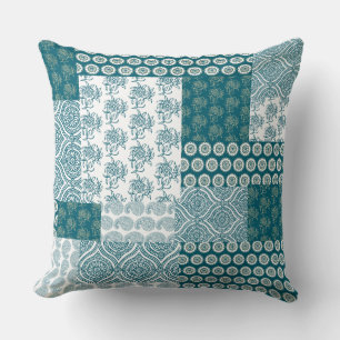Chic Ethnic Faux Patchwork Pattern, Teal and White Cushion
