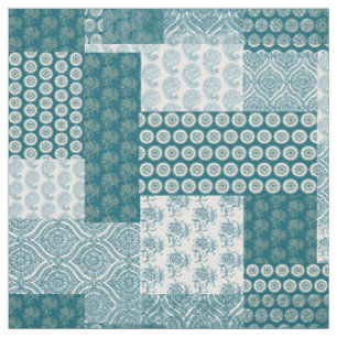 Chic Ethnic Faux Patchwork Pattern, Teal and White Fabric