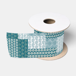 Chic Ethnic Faux Patchwork Pattern, Teal and White Satin Ribbon
