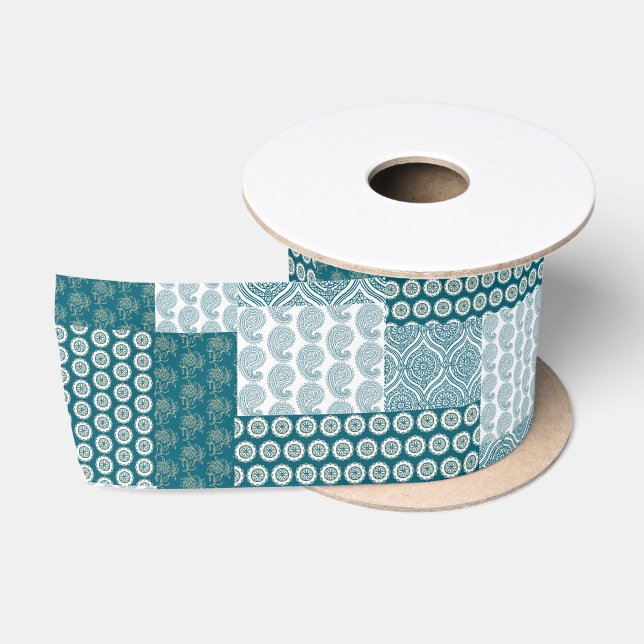 Chic Ethnic Faux Patchwork Pattern, Teal and White Satin Ribbon (Spool)