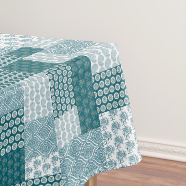 Chic Ethnic Faux Patchwork Pattern, Teal and White Tablecloth (In Situ)