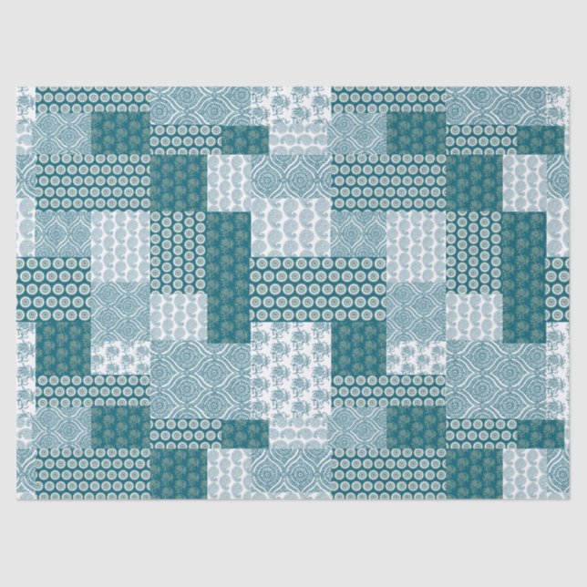 Chic Ethnic Faux Patchwork Pattern, Teal and White Tissue Paper (Front)