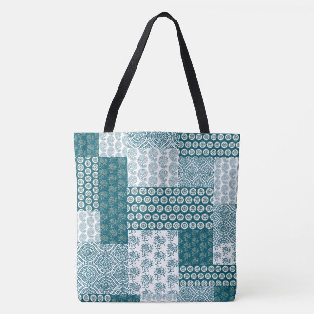 Chic Ethnic Faux Patchwork Pattern, Teal and White Tote Bag (Front)