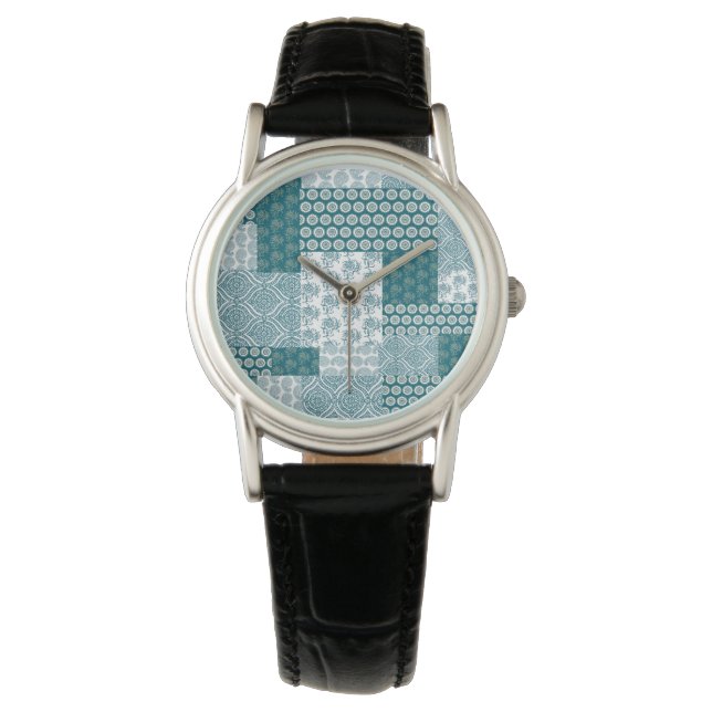 Chic Ethnic Faux Patchwork Pattern, Teal and White Watch (Front)