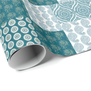 Chic Ethnic Faux Patchwork Pattern, Teal and White Wrapping Paper