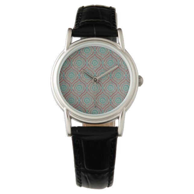 Chic Ethnic Ogee Pattern in Maroon, Teal and Beige Watch (Front)