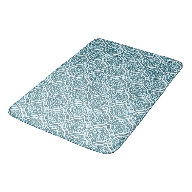 Chic Ethnic Ogee Pattern in Teal on White Bath Mat (Angled)