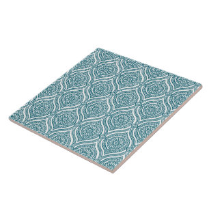 Chic Ethnic Ogee Pattern in Teal on White Ceramic Tile