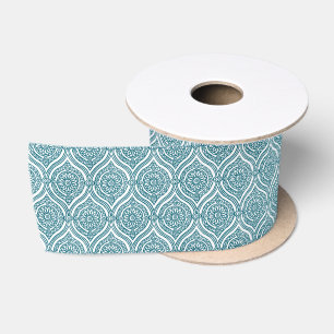 Chic Ethnic Ogee Pattern in Teal on White Satin Ribbon