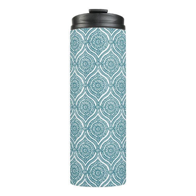Chic Ethnic Ogee Pattern in Teal on White Thermal Tumbler (Front)