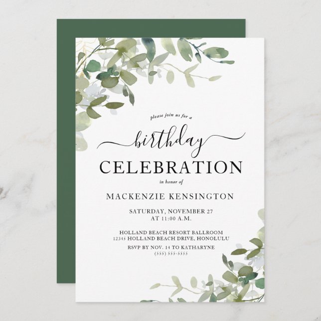 Chic Eucalyptus Birthday Party Celebration Invitation (Front/Back)