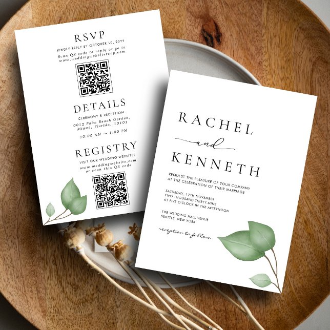 Chic Eucalyptus Black & White All in One Wedding Invitation (Creator Uploaded)