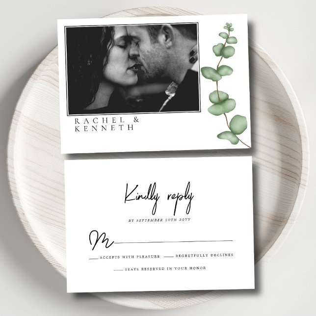 Chic Eucalyptus Black & White Minimalist Photo RSVP Card (Creator Uploaded)