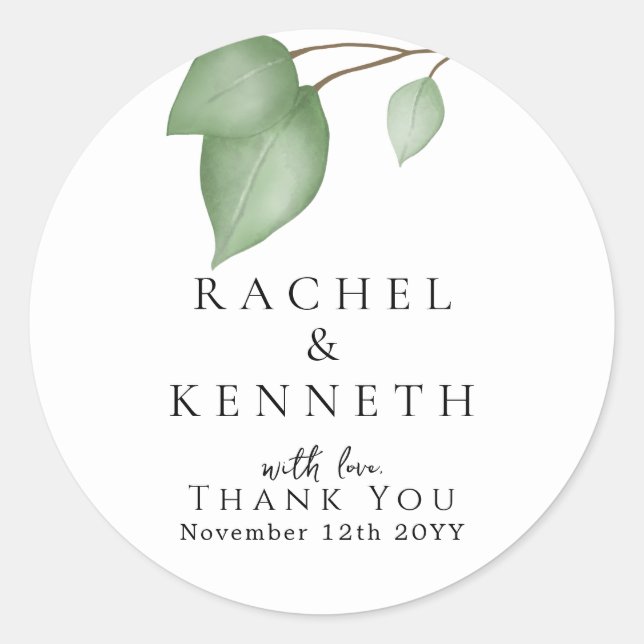 Chic Eucalyptus Black & White Minimalist Wedding Classic Round Sticker (Front)