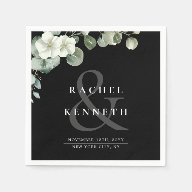 Chic Eucalyptus Black & White Minimalist Wedding Napkin (Front)