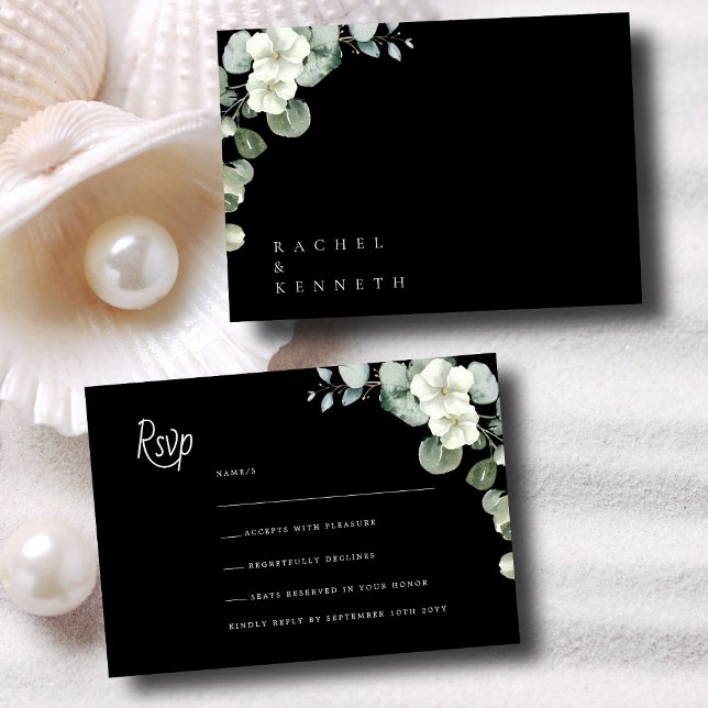 Chic Eucalyptus Black & White Minimalist Wedding RSVP Card (Creator Uploaded)