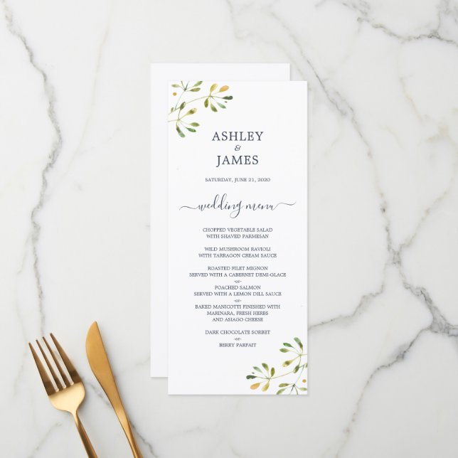 Chic Eucalyptus Foliage Dark Blue Script Wedding Menu (Front/Back In Situ)