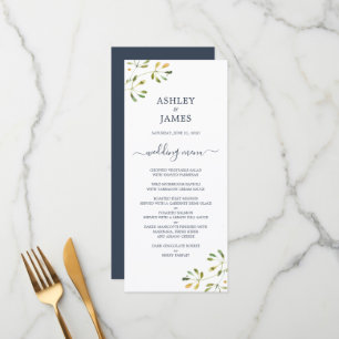 Chic Eucalyptus Foliage Dark Blue White Wedding Menu