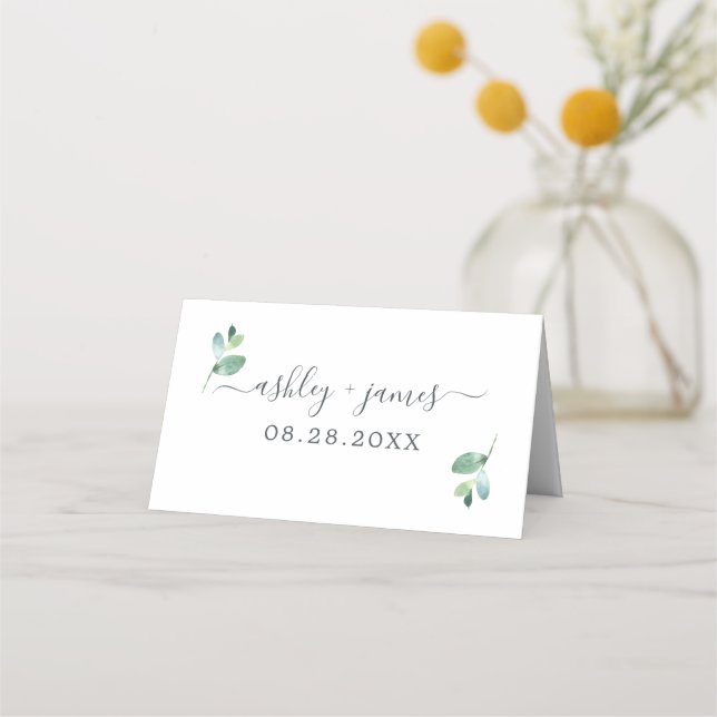 Chic Eucalyptus Foliage White Custom Wedding Place Card (Front)
