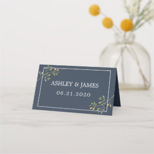 Chic Eucalyptus Green Navy Blue Botanical Wedding Place Card