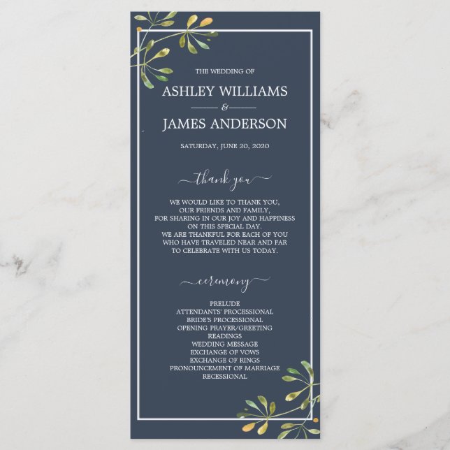 Chic Eucalyptus Green Navy Blue Botanical Wedding Program (Front)