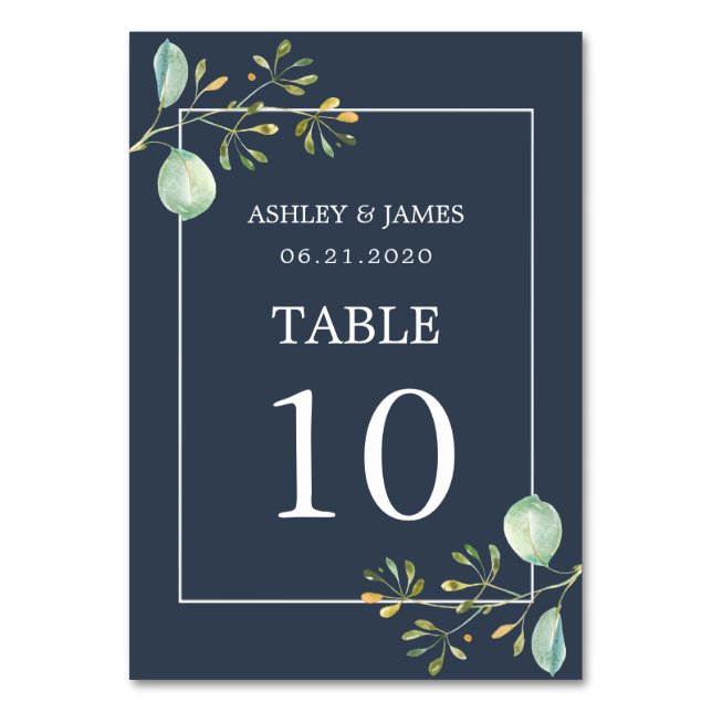 Chic Eucalyptus Green Navy Blue Botanical Wedding Table Number (Front)