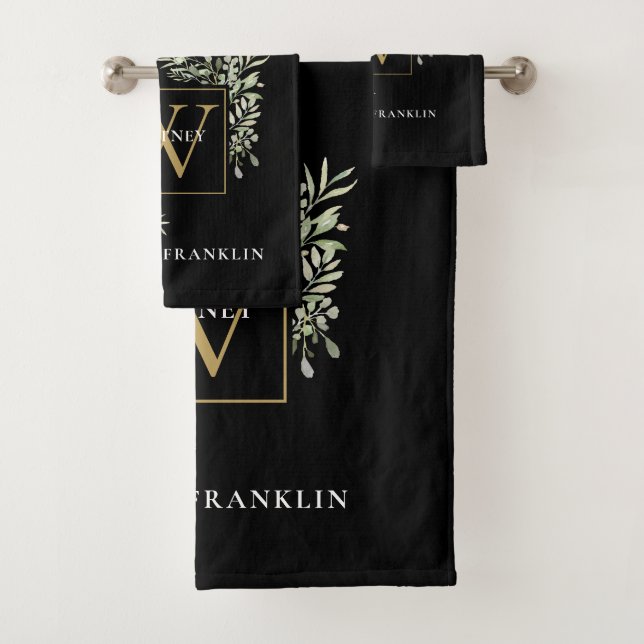 Chic Eucalyptus Greenery Black Gold Monogram Bath Towel Set (Insitu)