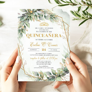 Chic eucalyptus greenery gold glitter Quinceañera Invitation