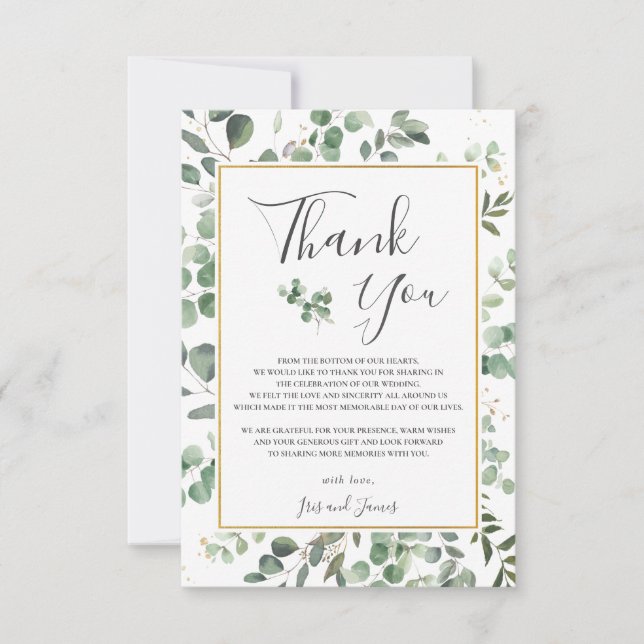 Chic Eucalyptus Greenery Gold Rectangle Wedding Thank You Card (Front)