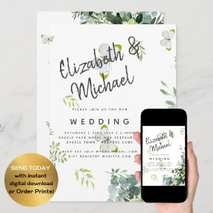Chic Eucalyptus Greenery Leaves Emerald Wedding Invitation