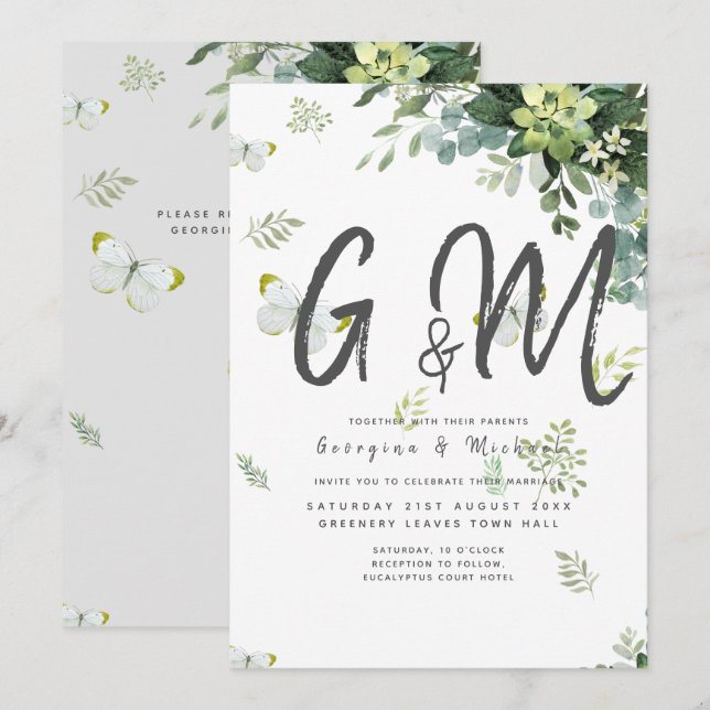 Chic Eucalyptus Greenery Leaves Emerald Wedding Invitation (Front/Back)