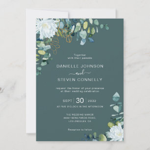 Chic eucalyptus greenery white flowers wedding invitation