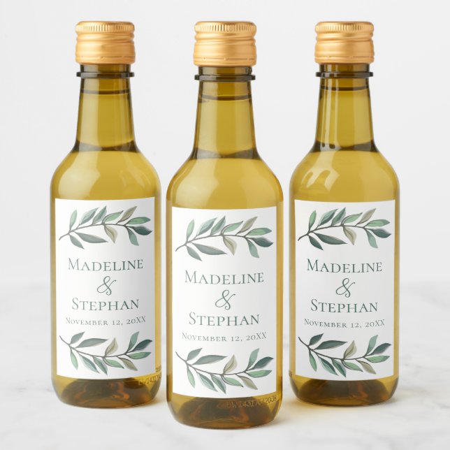 Chic Eucalyptus Leaves Botanical Wedding Mini Wine Label (Bottles)