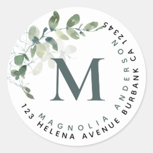 Chic Eucalyptus Monogram Return Address Classic Round Sticker
