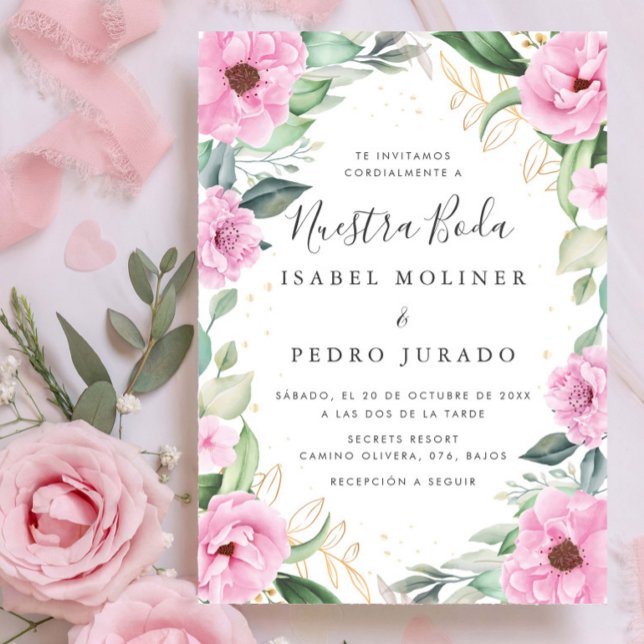 Chic Eucalyptus Pink Roses Nuestra Boda Wedding Invitation (Creator Uploaded)
