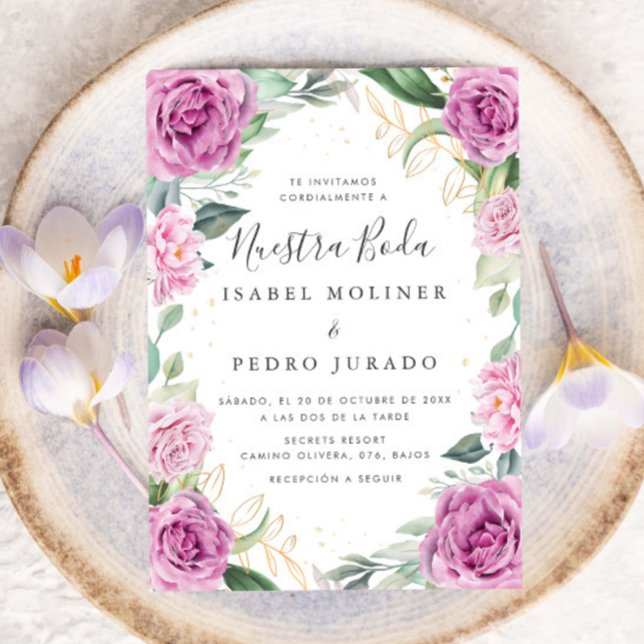 Chic Eucalyptus Purple Roses Nuestra Boda Wedding Invitation (Creator Uploaded)