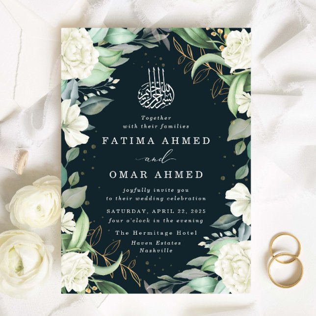 Chic Eucalyptus White Roses Islamic Muslim Wedding Invitation (Creator Uploaded)