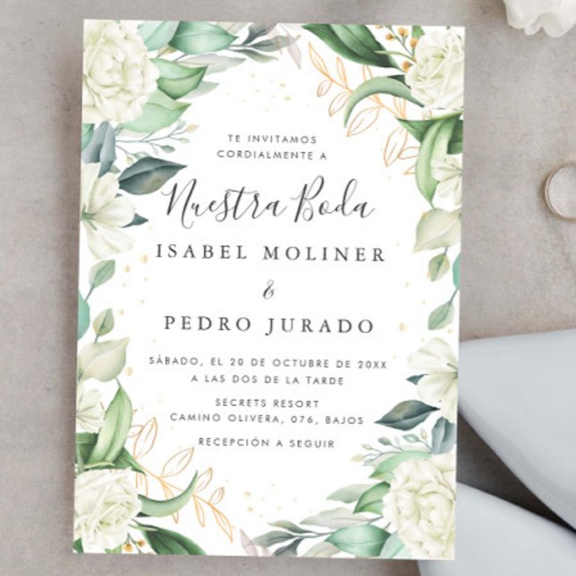 Chic Eucalyptus White Roses Nuestra Boda Wedding Invitation (Creator Uploaded)