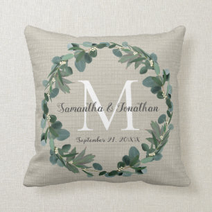 Chic Eucalyptus Wreath Monogram Wedding Keepsake Cushion
