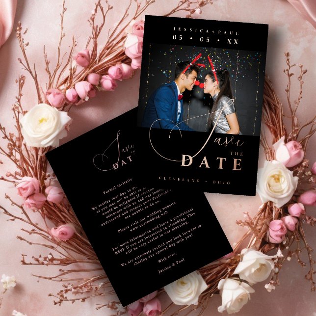 Chic Exquisite Script Photo Christmas Rose Gold  (Cherish Exquisite Script Photo Christmas Couple Real Rose Gold Metallic Foil Wedding Black Save Date)