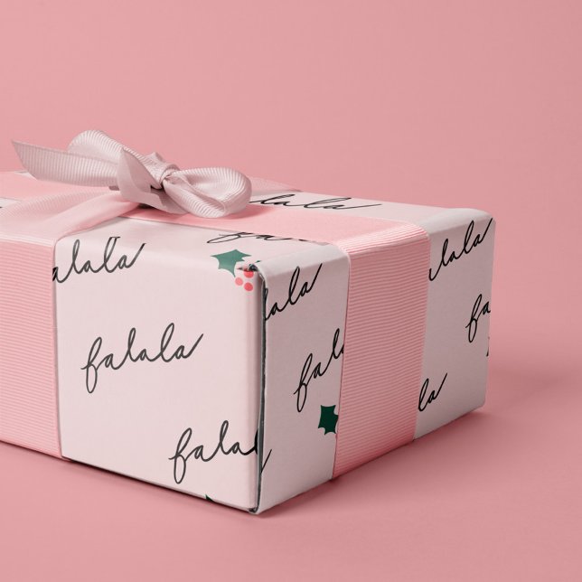 Chic Fa La La Hand Lettering Pink Festive Holly Wrapping Paper (Chic Fa La La Hand Lettering Pink Festive Holly Wrapping Paper)