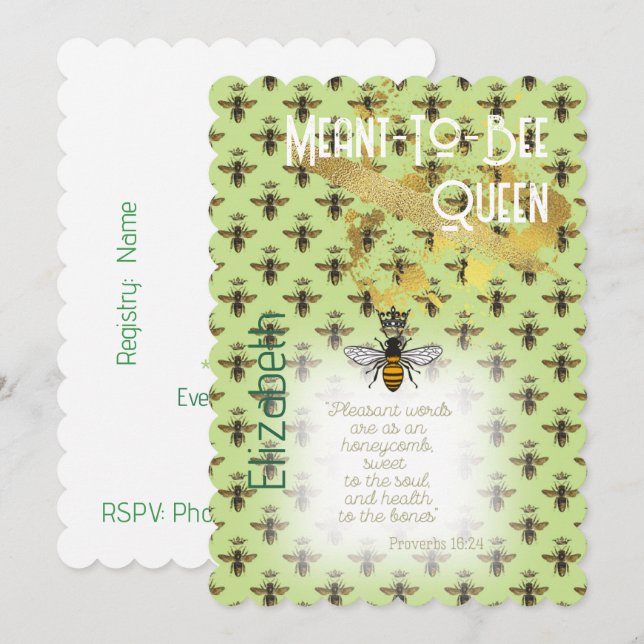 Chic Faith Lime Green Bee Matrix Queen Gold Invitation (Front/Back)