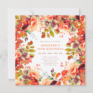 Chic Fall Autumn Watercolor Floral 70th Birthday  Invitation