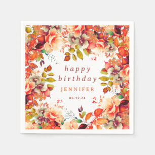 Chic Fall Autumn Watercolor Floral Happy Birthday Napkin