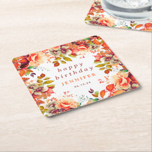 Chic Fall Autumn Watercolor Floral Happy Birthday Square Paper Coaster