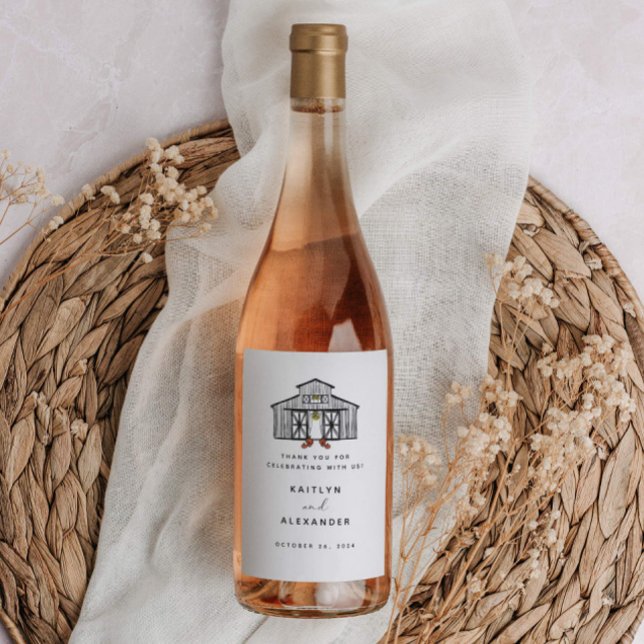 Chic Fall Barn with Pumpkins Wedding Wine Label (Creator Uploaded)